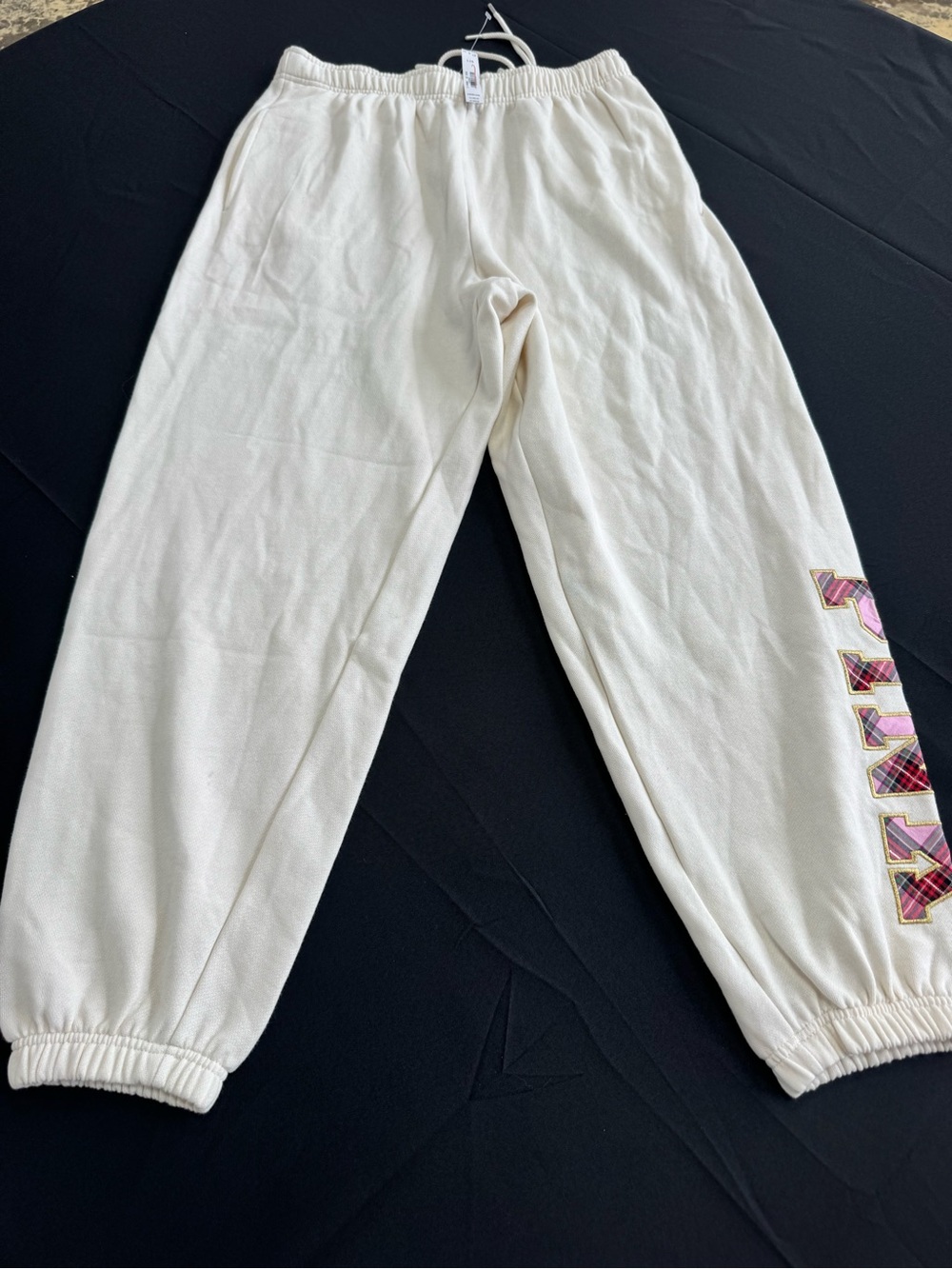 Women’s victoria secret Cream Sweatpants with Pink Plaid Accent